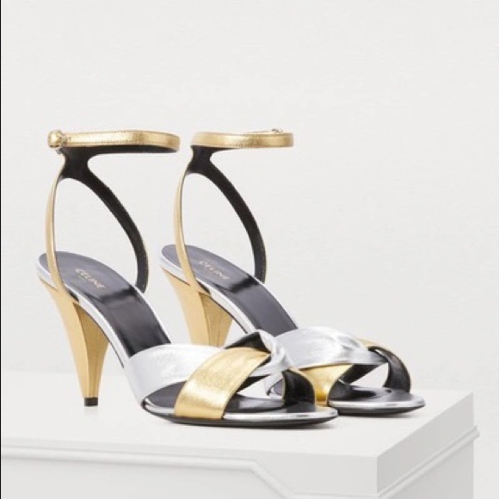 NIB Celine heeled twist lambskin sandal silver gold 36.5